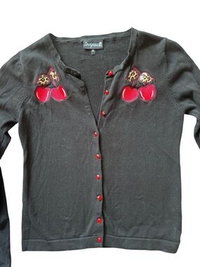 Sourpuss Cherry Cardigan XL Black Pin Up Rockabilly Leopard Print Sweater